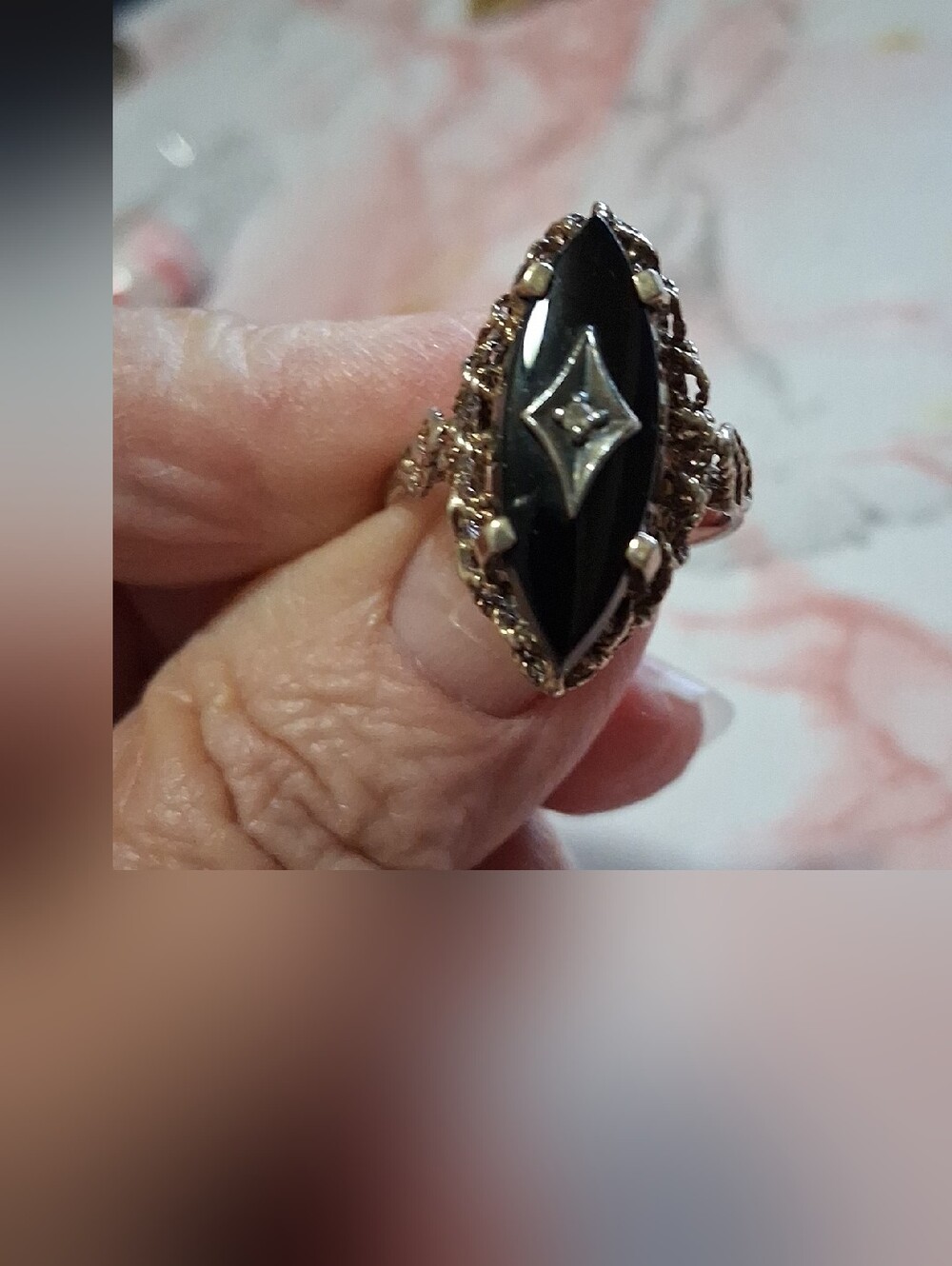 Vintage Black Onyx Marquise Ring with Silver Accent - Women Jewelry